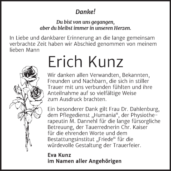 Traueranzeige von Erich Kunz von Trauerkombi Dessau