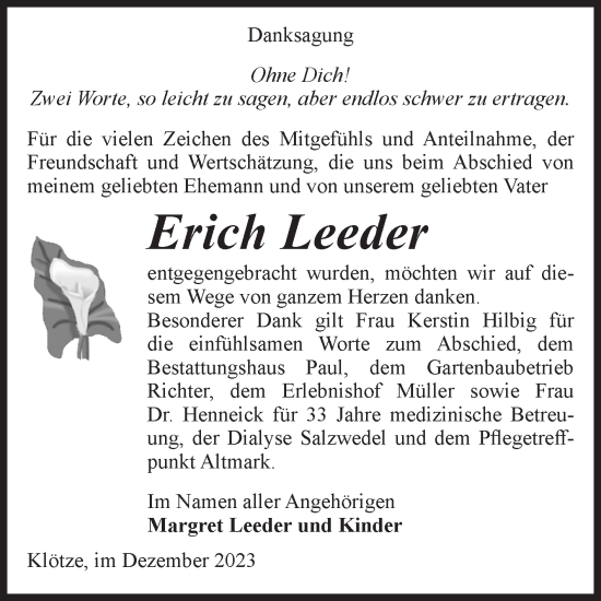 Traueranzeige von Erich Leeder von Volksstimme Altmark West