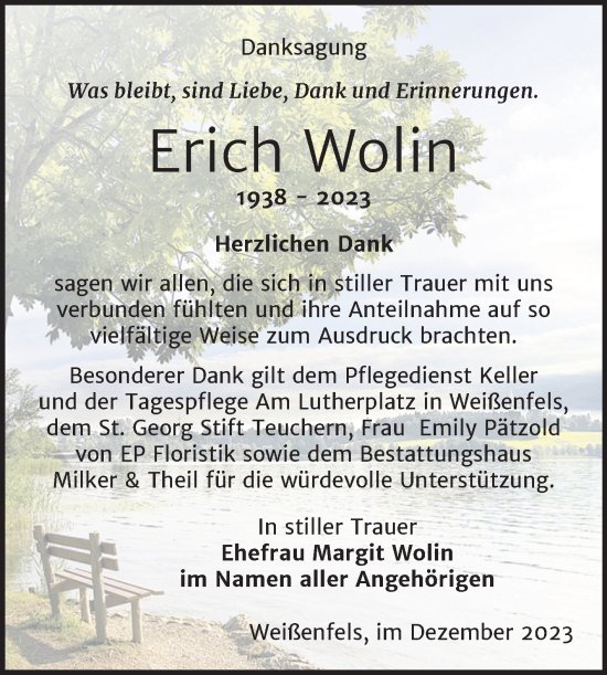 Traueranzeige von Erich Wolin von Trauerkombi Weißenfels