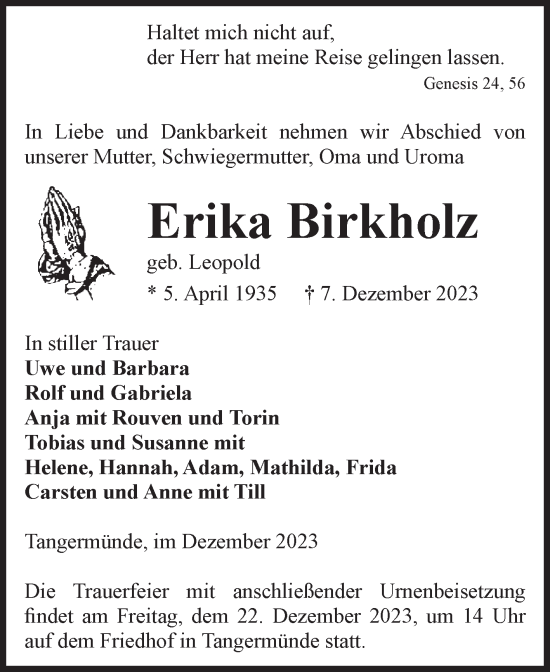 Traueranzeige von Erika Birkholz von Volksstimme Altmark Ost