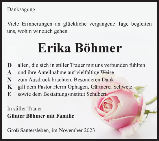 Traueranzeige von Erika Böhmer von Volksstimme Haldensleben/Wolmirstedt