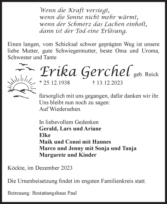 Traueranzeige von Erika Gerchel von Volksstimme Altmark West
