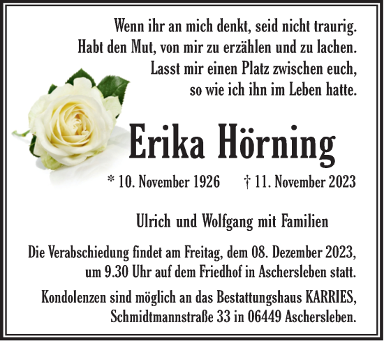 Traueranzeige von Erika Hörning von Trauerkombi Aschersleben