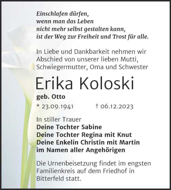 Traueranzeige von Erika Koloski von Trauerkombi Bitterfeld