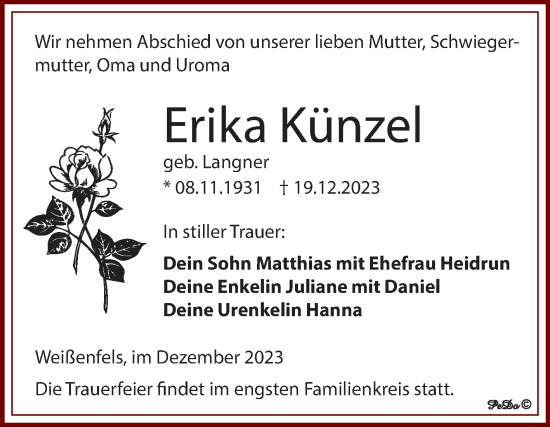 Traueranzeige von Erika Künzel von Trauerkombi Weißenfels