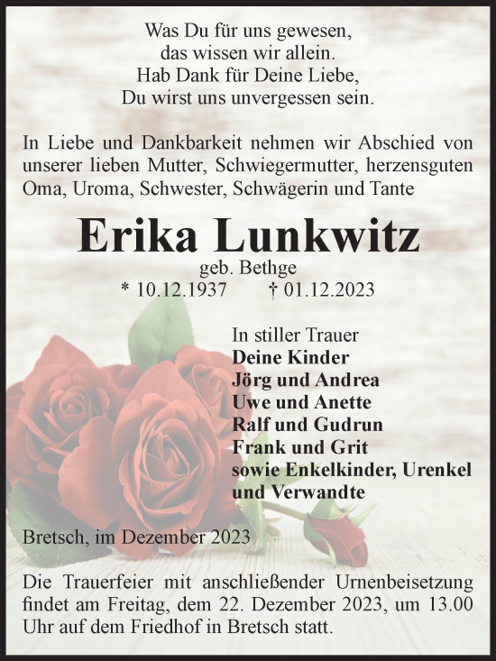 Traueranzeige von Erika Lunkwitz von Volksstimme Altmark Ost