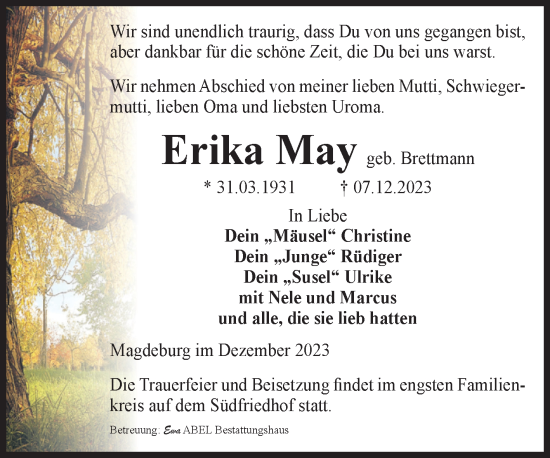 Traueranzeige von Erika May von Volksstimme Magdeburg