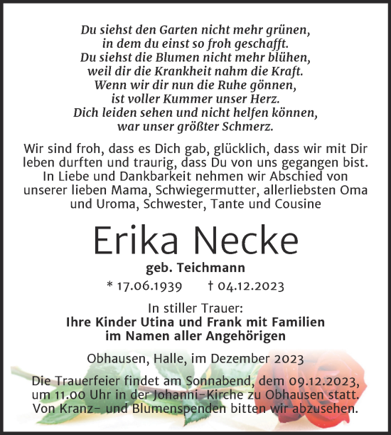 Traueranzeige von Erika Necke von Mitteldeutsche Zeitung Merseburg/Querfurt