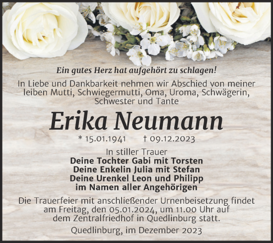 Traueranzeige von Erika Neumann von Trauerkombi Quedlinburg