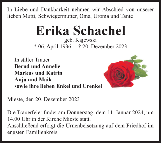 Traueranzeige von Erika Schachel von Volksstimme Altmark West