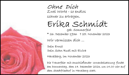 Traueranzeige von Erika Schmidt von Volksstimme Altmark Ost