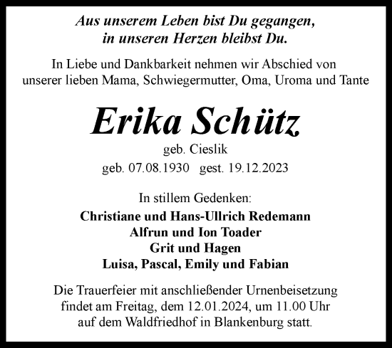 Traueranzeige von Erika Schütz von Volksstimme Wernigerode