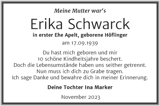 Traueranzeige von Erika Schwarck von Trauerkombi Wittenberg