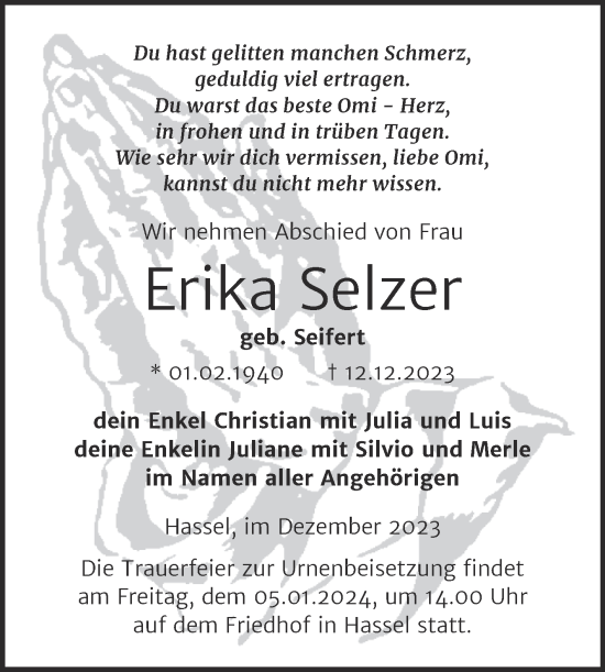 Traueranzeige von Erika Selzer von Trauerkombi Zeitz