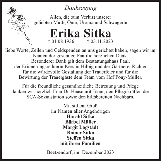 Traueranzeige von Erika Sitka von Volksstimme Altmark West