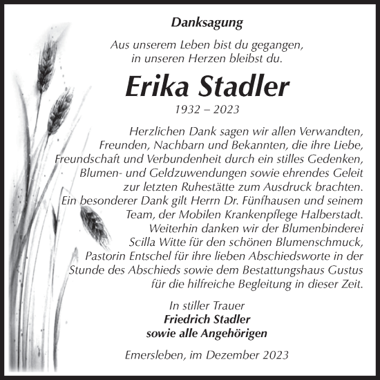 Traueranzeige von Erika Stadler von Volksstimme Halberstadt