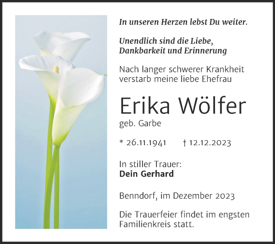 Traueranzeige von Erika Wölfer von Trauerkombi Mansfelder Land
