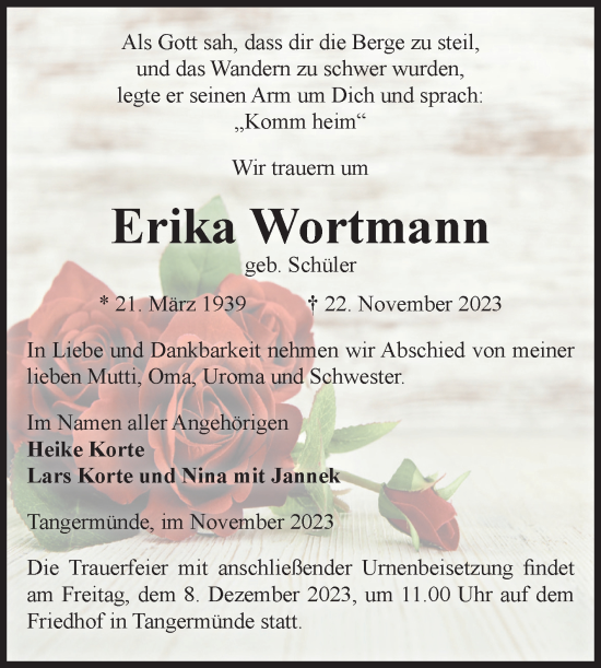 Traueranzeige von Erika Wortmann von Volksstimme Altmark Ost