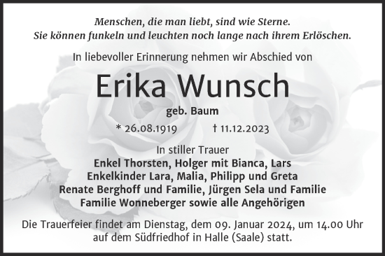 Traueranzeige von Erika Wunsch von Mitteldeutsche Zeitung Halle/Saalkreis