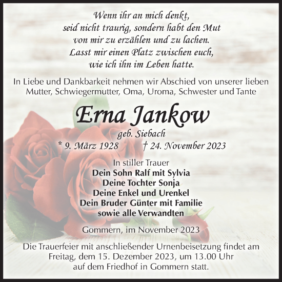 Traueranzeige von Erna Jankow von Volksstimme Burg/Genthin