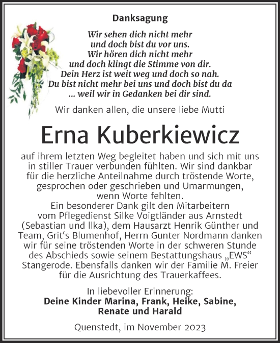 Traueranzeige von Erna Kuberkiewicz von Trauerkombi Mansfelder Land