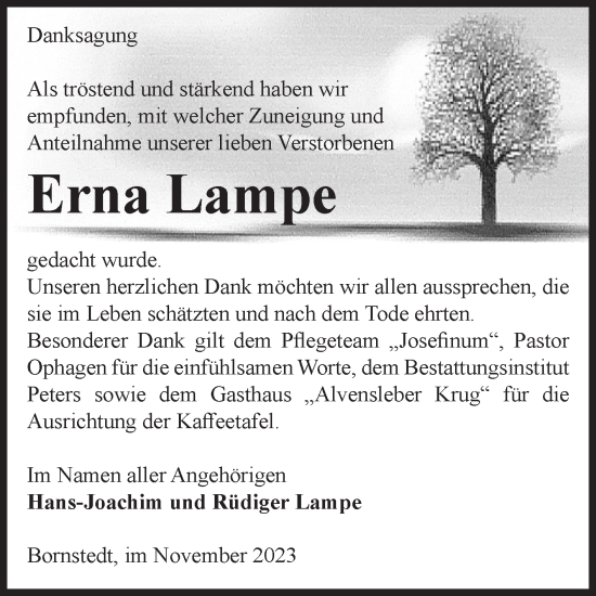 Traueranzeige von Erna Lampe von Volksstimme Haldensleben/Wolmirstedt