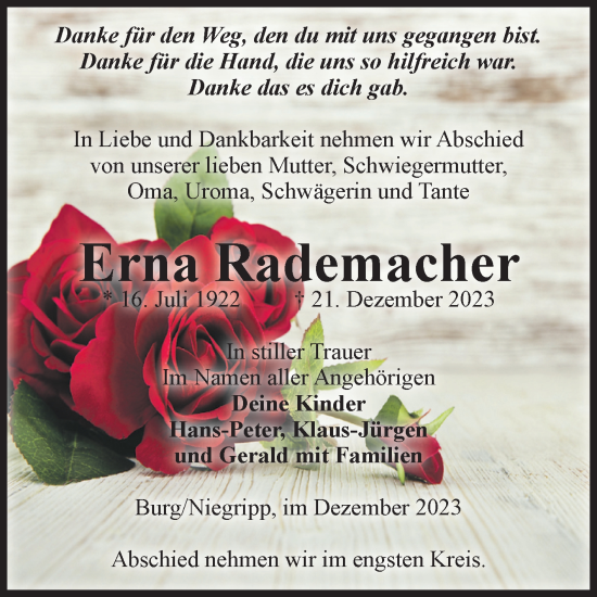 Traueranzeige von Erna Rademacher von Volksstimme Burg/Genthin