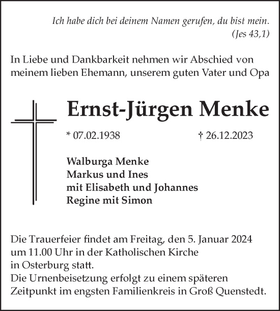Traueranzeige von Ernst-Jürgen Menke von Volksstimme Altmark Ost