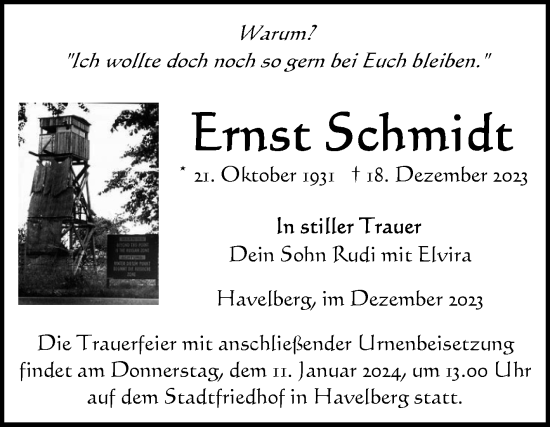 Traueranzeige von Ernst Schmidt von Volksstimme Altmark Ost