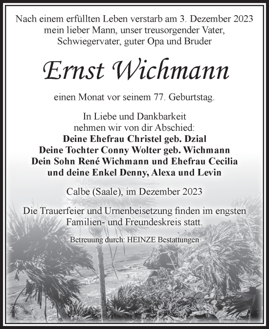 Traueranzeige von Ernst Wichmann von Volksstimme Schönebeck