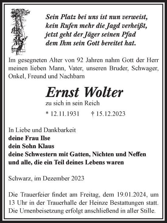 Traueranzeige von Ernst Wolter von Volksstimme Schönebeck