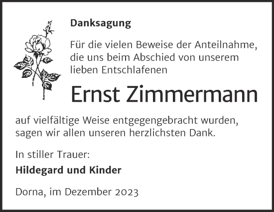 Traueranzeige von Ernst Zimmermann von Trauerkombi Wittenberg