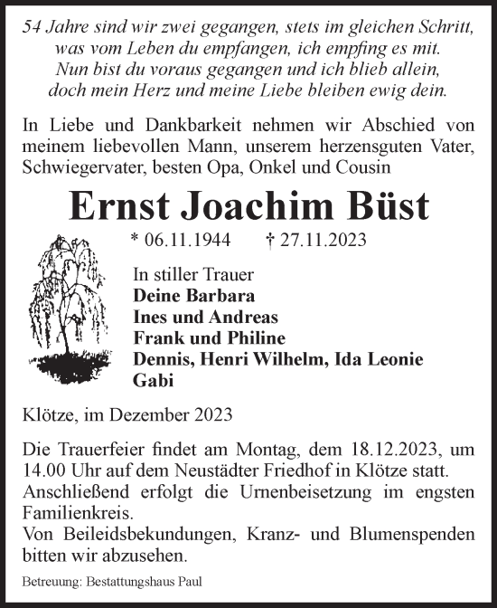 Traueranzeige von Ernst Joachim Büst von Volksstimme Altmark West