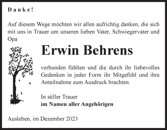 Traueranzeige von Erwin Behrens von Volksstimme Oschersleben/Wanzleben