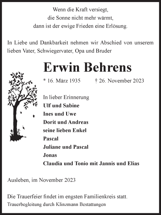 Traueranzeige von Erwin Behrens von Volksstimme Oschersleben/Wanzleben