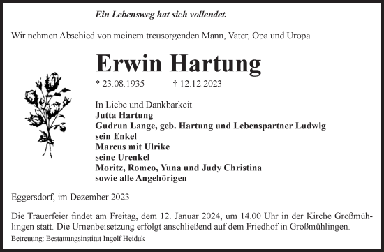Traueranzeige von Erwin Hartung von Volksstimme Schönebeck