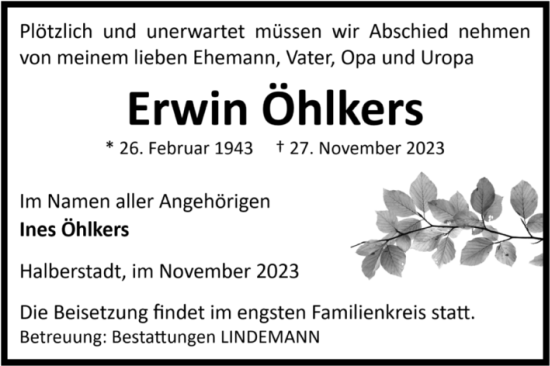 Traueranzeige von Erwin Öhlkers von Volksstimme Halberstadt