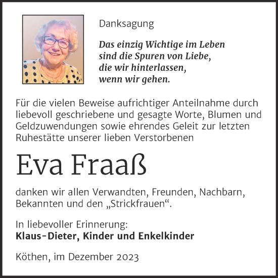 Traueranzeige von Eva Fraaß von Trauerkombi Köthen