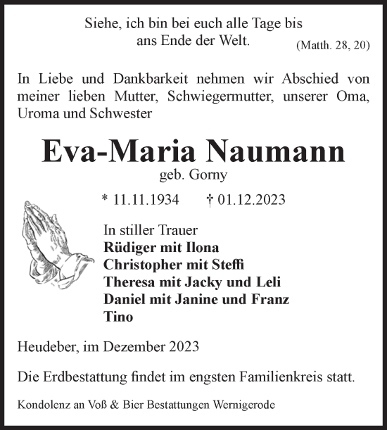 Traueranzeige von Eva-Maria Naumann von Volksstimme Magdeburg