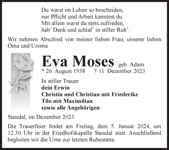 Traueranzeige von Eva Moses von Volksstimme Altmark Ost