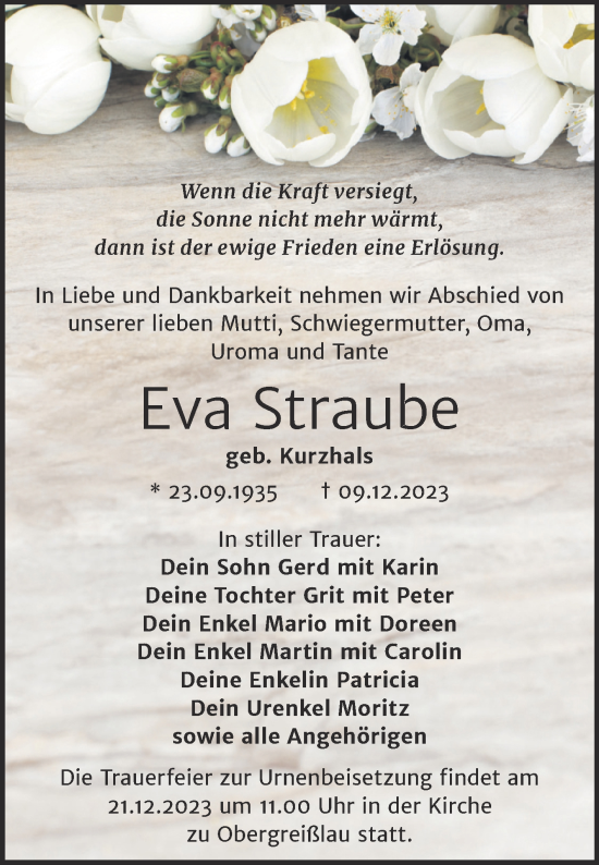 Traueranzeige von Eva Straube von Trauerkombi Weißenfels