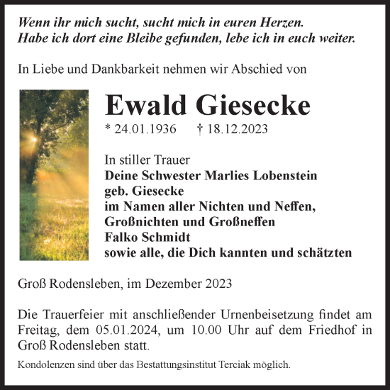 Traueranzeige von Ewald Giesecke von Volksstimme Oschersleben/Wanzleben