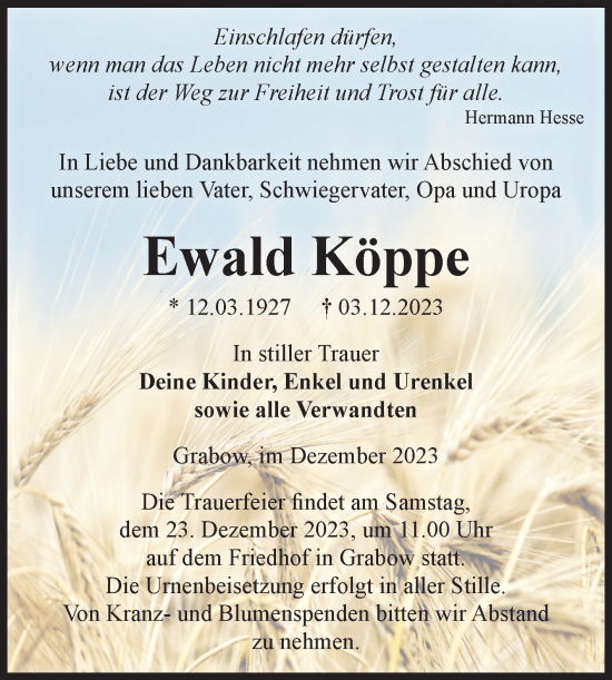 Traueranzeige von Ewald Köppe von Volksstimme Burg/Genthin