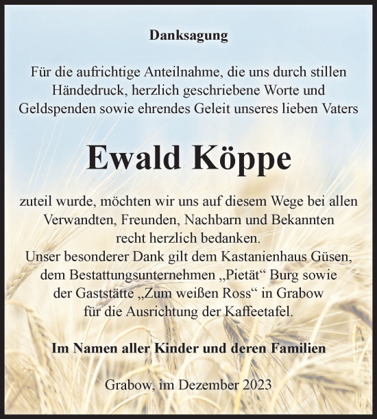 Traueranzeige von Ewald Köppe von Volksstimme Burg/Genthin