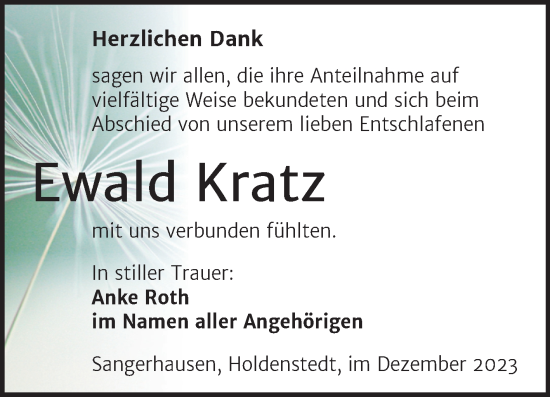 Traueranzeige von Ewald Kratz von Trauerkombi Sangerhausen