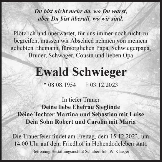 Traueranzeige von Ewald Schwieger von Volksstimme Oschersleben/Wanzleben