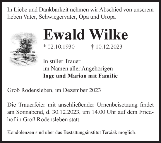 Traueranzeige von Ewald Wilke von Volksstimme Oschersleben/Wanzleben