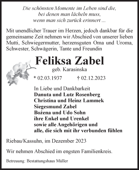 Traueranzeige von Feliksa Zabel von Volksstimme Altmark West