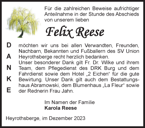 Traueranzeige von Felix Reese von Volksstimme Burg/Genthin
