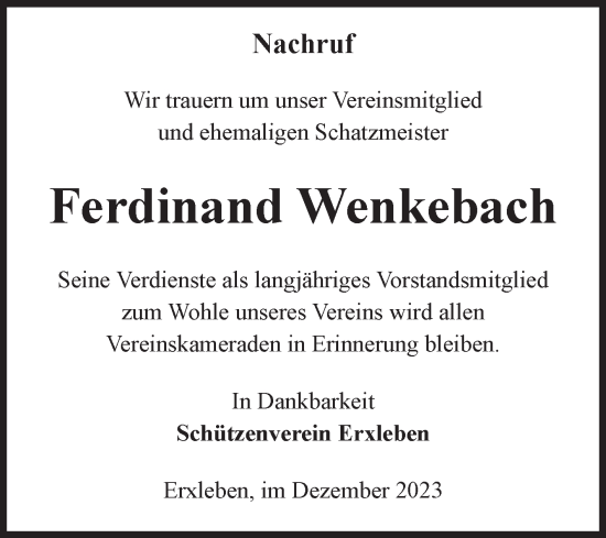 Traueranzeige von Ferdinand Wenkebach von Volksstimme Haldensleben/Wolmirstedt